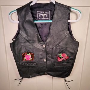 Vintage Barneys Leather Women's Black Vest Jacket sz M Lady Rider & Harley Patch